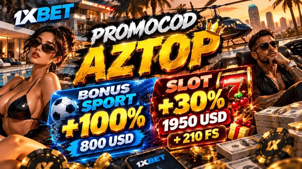 1xbet promo code AZTOP gives new players a 100% sports bonus up to 800 USD or 30% slots boost with 210 free spins
